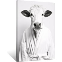 ZHONGYUTONG Funny Bathroom Wall Art Cute Cow Wearing Bathrobe Poster Black White Animal Canvas Prints for Rustic Toilet Restroom Framed (16.00" x 24.00")