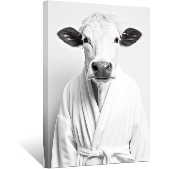 ZHONGYUTONG Funny Bathroom Wall Art Cute Cow Wearing Bathrobe Poster Black White Animal Canvas Prints for Rustic Toilet Restroom Framed (16.00" x 24.00")