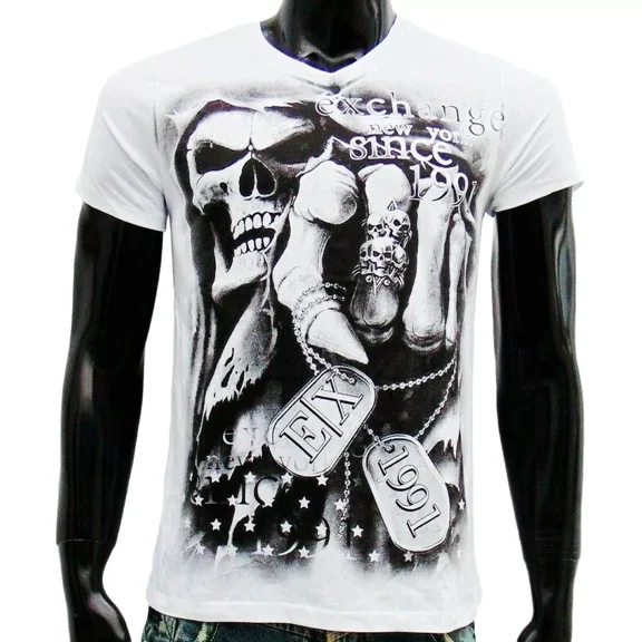 NWT Halloween Death Skull Reaper Gothic Metal Men's White V-Neck Short Sleeve T-Shirt
