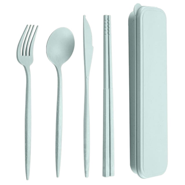 YOPTOP 4Pcs/Set Reusable Portable Plastic Cutlery Set with Storage Box Students Spoon Fork Cutter Chopsticks Tableware Set for Outdoor Travel,Green