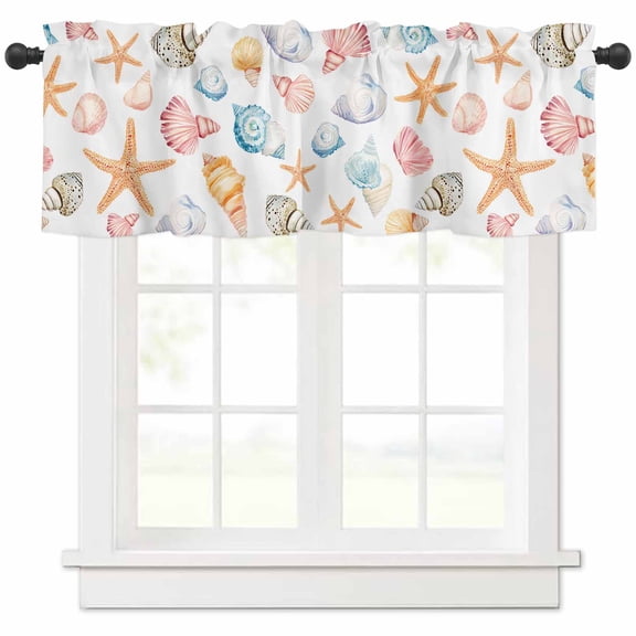 Hokiten Rod Pocket Curtain Valance, Shell Starfish Coastal Farmhouse Window Valance for Living Room, Bedroom, Kitchen Summer Beach Ocean Watercolor 60"W x 18"L