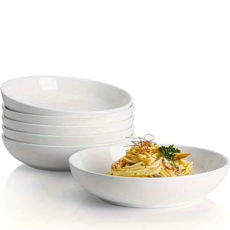 Set of 6 White Porcelain Sweese 22-Ounce Salad Serving Bowls - 7.6-Inch, Microwave Dishwasher Safe for Dinner, Salad