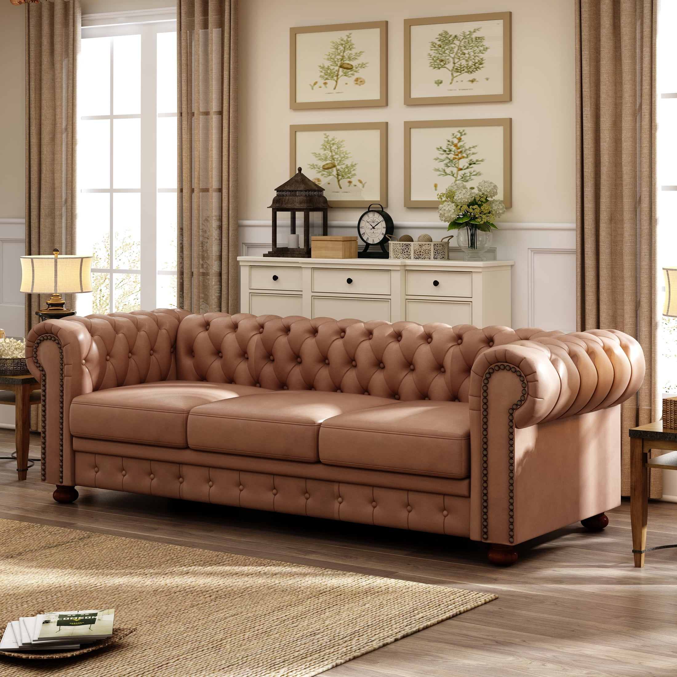 Noodeniya Chesterfield Sofa with Rolled Arms, Upholstered Sofa Padded Seat, Button Tufted Sofa with Nailhead Trim and Backrest, Faux Leather Couch, Brown
