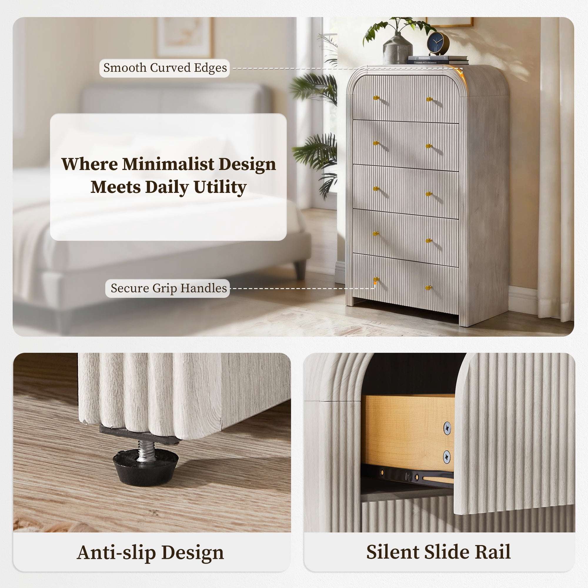 KeyWhat Modern 5-Drawer Dresser, 48" Fluted Tall Chest of Drawers with Curved Profile and Metal Handles, Wood Storage Cabinet for Bedroom, Living Room and Hallway, White Alder