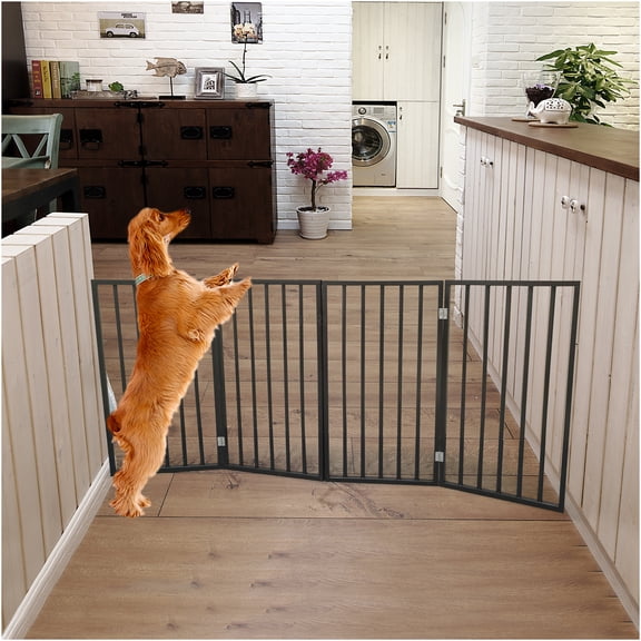 JERFIT Extra Wide 73" Solid Wood Freestanding Pet Gate for Doorways, No Tools Needed, Dark Brown Folding Dog Gate for Stairs & Indoor Use