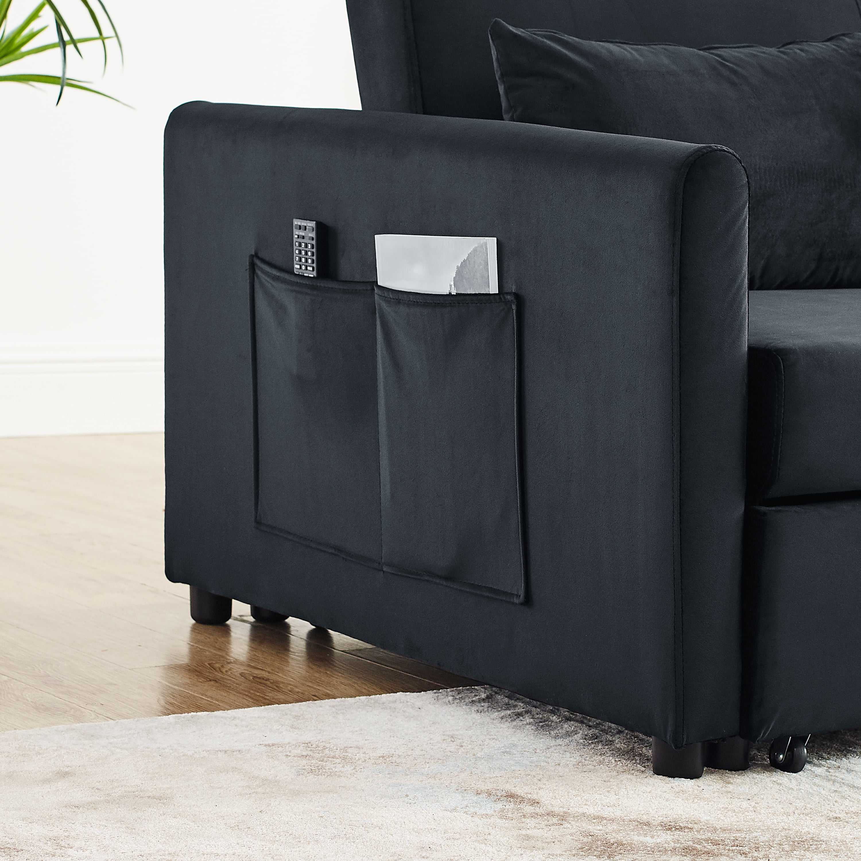 Momspeace Pull Out Sofa Bed Sleeper Sofa Couch Sofa Bed with Adjustable Backrest Velvet Loveseat For Living Room - Black