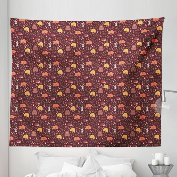 Autumn Tapestry, Funny Forest Animals Fall Buddies Bear Rabbit Hedgehog Woodland Friends, Fabric Wall Hanging Decor for Bedroom Living Room Dorm, 5 Sizes, Maroon and Multicolor, by Ambesonne
