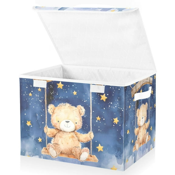 Large Lidded Foldable Storage Baskets Cubes Boxes Lids Bin for Home Bedroom Office Bear and Stars