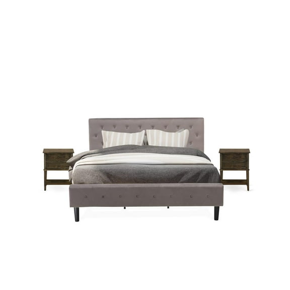 East West Furniture NL14K-2VL07 3 Pc Bed Set - 1 Bed Brown Taupe Velvet Fabric Headboard and 2 Night Stands - Distressed Jacobean Finish Nightstand
