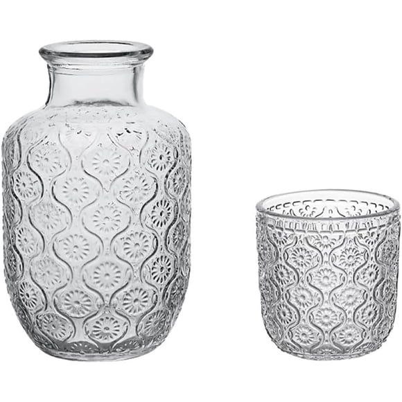 Carafe d'Eau Vintage de Chevet et Ensemble de Verres, Table de Chevet de Chambre, Chevet, Carafe de Rince-Bouche en Verre Tic-Tac, Bouteille de Rince-Bouche et Distributeur de Boissons de Minuit, Verrerie Élégante pour Jus (1 Ensemble - LI - )