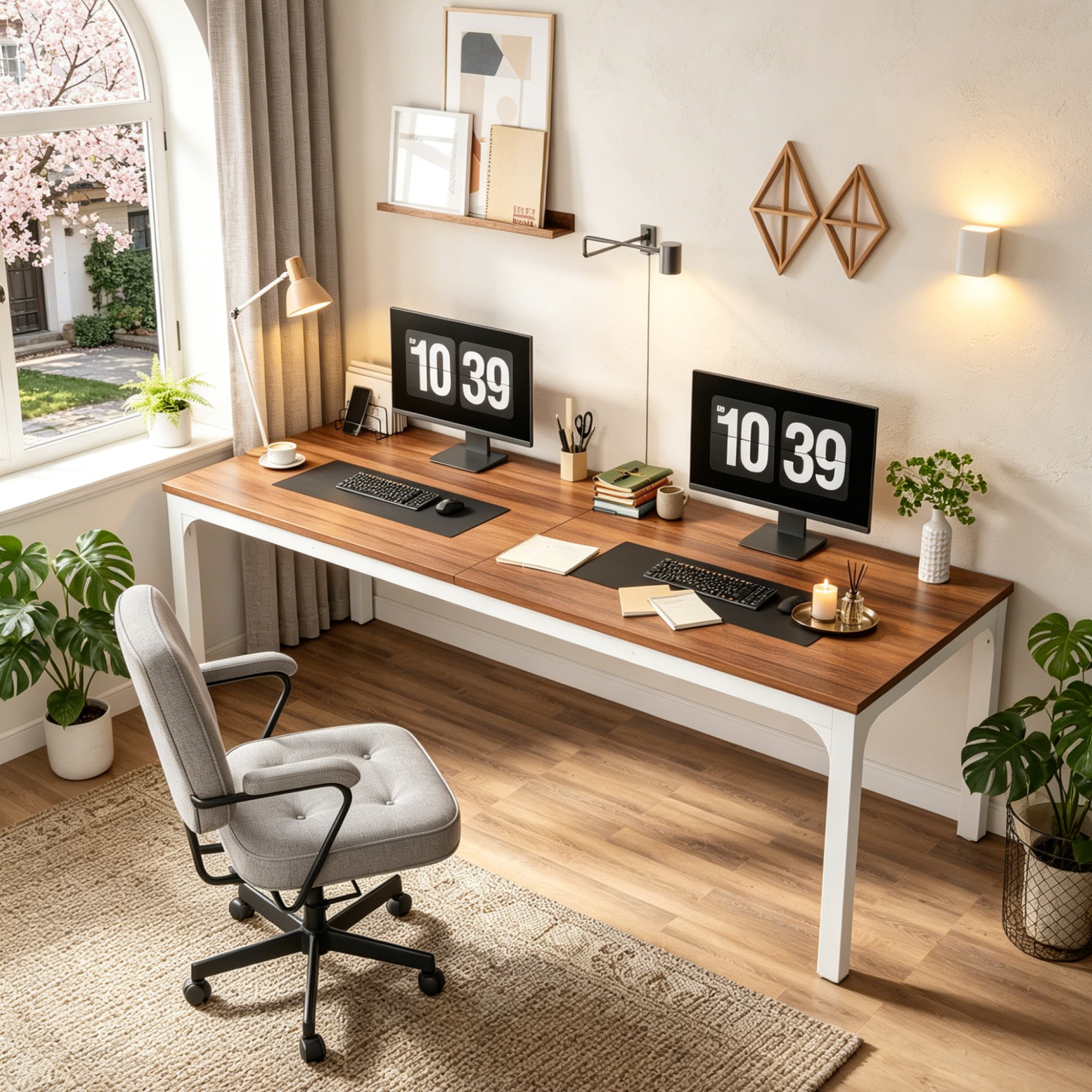 Fnova 78.7" Modern Computer Desk with Wood Desktop, Metal Frame Office Desk, Brown White