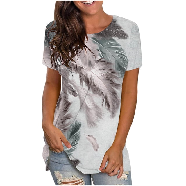 Pompotops T-Shirts à Manches Courtes pour Femmes, Imprimé Plume, Col Rond, Décontracté, Été