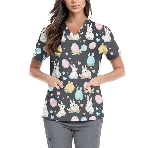 Easter Printed Scrubs for Women, Cute Bunny Stretch Short Sleeve V-Neck Printed Nurse Tops, Plus sized Working Uniform Top with Pockets, iIdeal Easter Gifts and Wear, 01-Dark Gray L