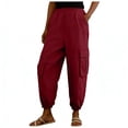 thumbnail image 4 of Danhjin Wine Cargo Pants Women Summer Pants Elastic High Waist Casual Loose Comfy Lightweight Hiking Pants, 4 of 5