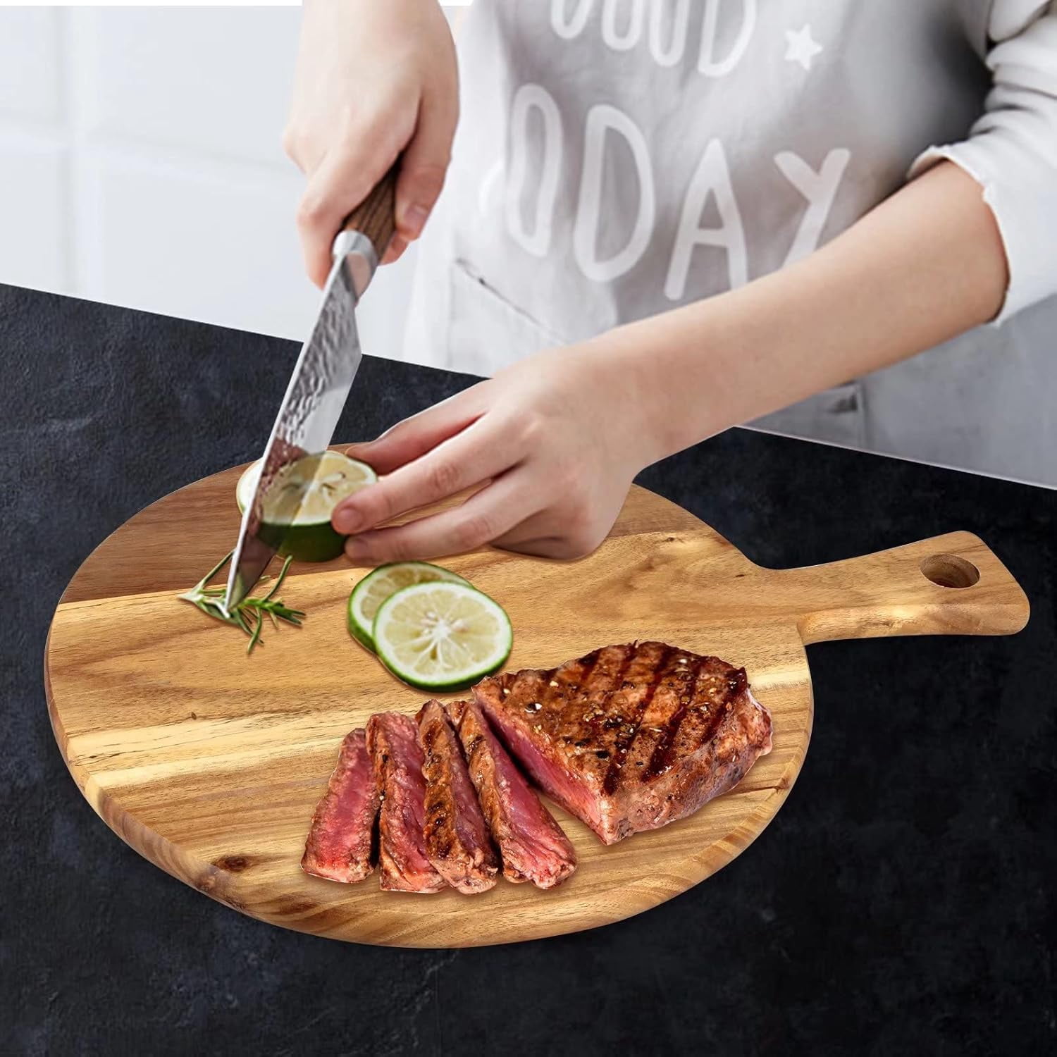 Wood Cutting Board with Handle Wooden Chopping Board Paddle Round Cutting Boards for Kitchen Meat Bread Serving Board Charcuterie Boards Chopping Blocks Circular Circle Pizza Cheese Board