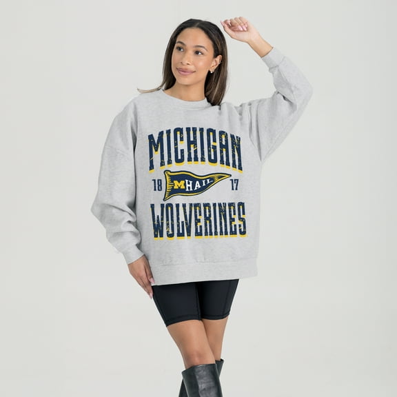 Women's Gameday Couture Ash Michigan Wolverines Oversized Pennant Pride Premium Fleece Sweatshirt
