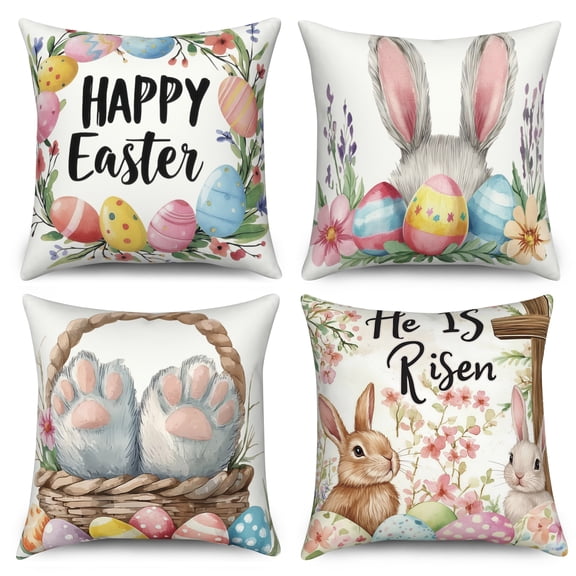 Dashan Easter Throw Pillow Covers 20x20 Set of 4,He is Risen Bunny Floral Decorative Pillow Cases for Bedroom Sofa Couch