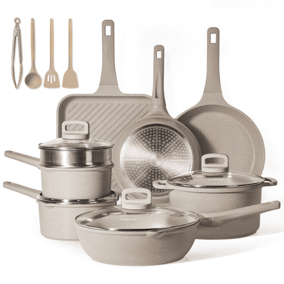 Carote Nonstick Cookware Sets, 16 Pcs Granite Non Stick Pots and Pans Set, Induction Cookware, Taupe