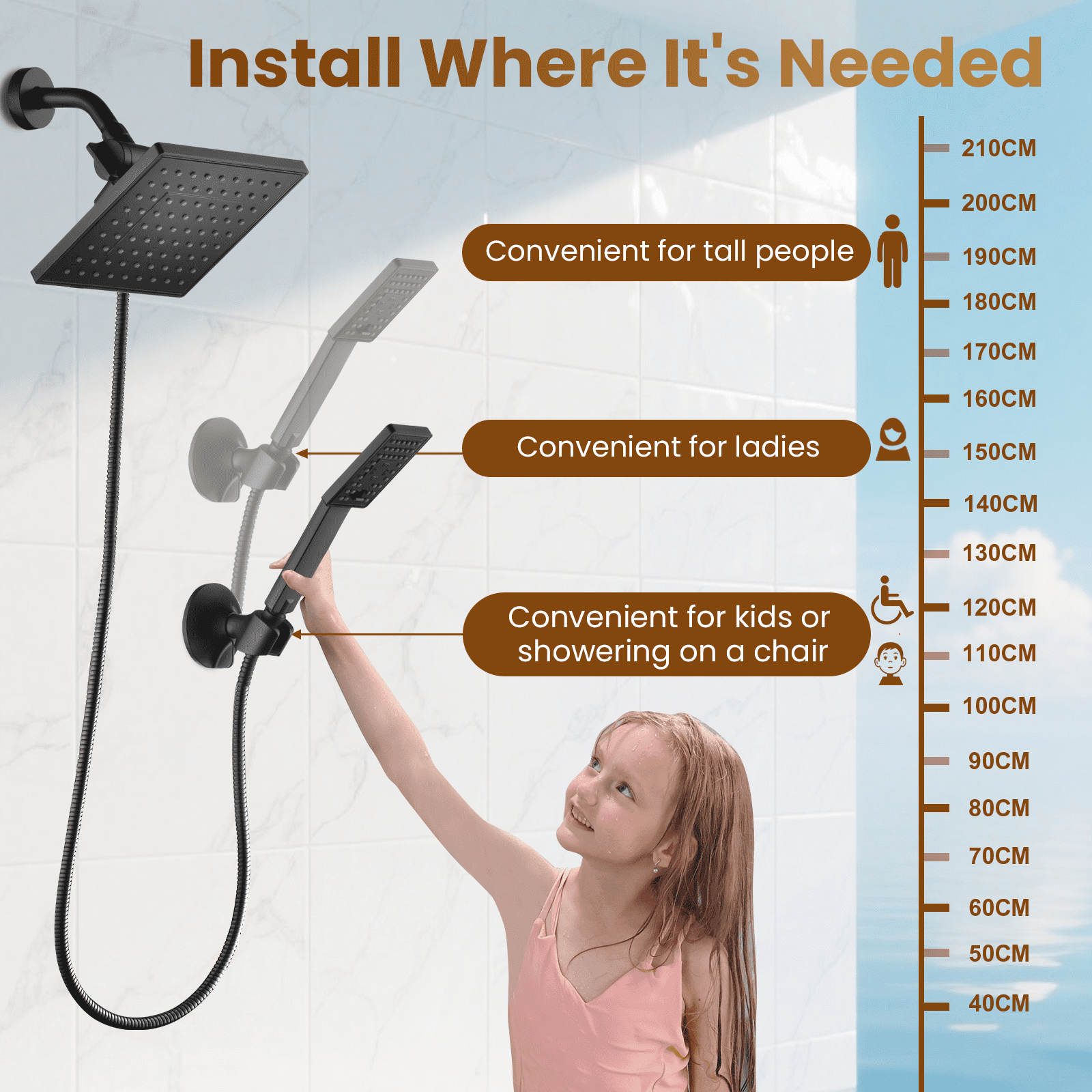 BRIGHT SHOWERS Rain Shower Head with Handheld Spray 5 ft. Shower Hose Combo Includes Wall Mount Suction Bracket 3-Way Water Diverter Mount (8 Inch Square, Matte Black)