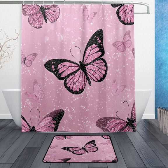 TTYFWHD 60" x 72" Shower Curtain and Bath Mat Set Pink Sequin Butterfly Waterproof Bathroom Curtain with 12 Hooks, Bathroom Decor Set