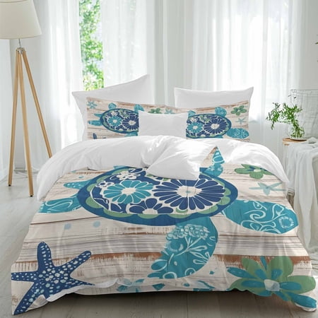 Boho Blue Sea Turtle Queen Size Comforter Set, Wood Grain Starfish Vintage Bedding for All Seasons, 4 Pcs Bed Set, 1Quiltcover (90"x92") ,1Sheet(94"x116"), 2Pillowcases (30"x20")