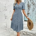 thumbnail image 3 of SMihono Women's Summer Puff Short Sleeve Button Down Maxi Shirt Dress Casual Mid-Rise Eyelet Jacquard Long Dresses Sky Blue M, 3 of 8
