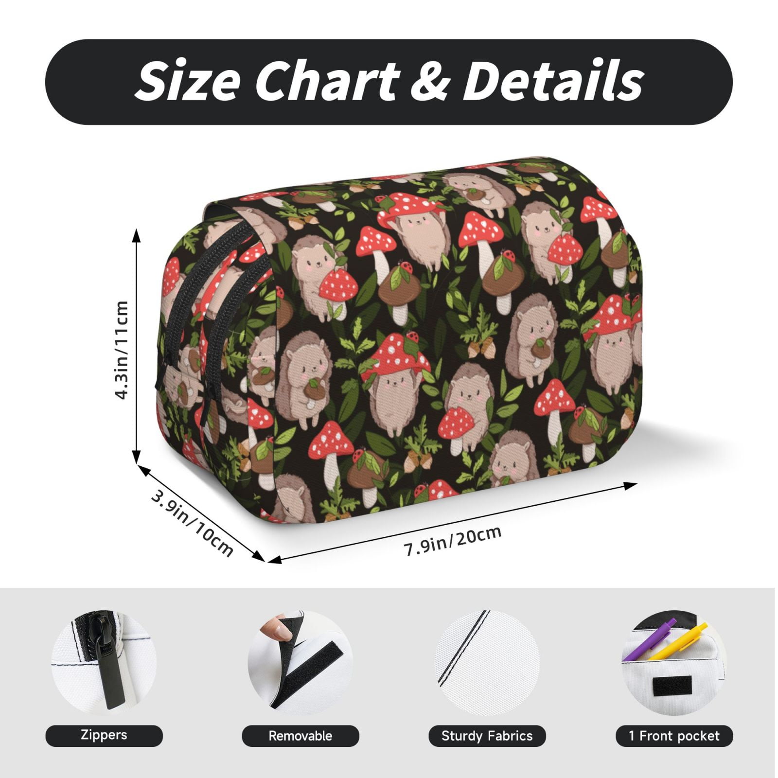 Rateoe Edgehog and Mushrooms Pattern Double Clamshell Pen Case, Storage Organizer with Two Zipper Compartments– Holds Up to 50 Pencils & Pens