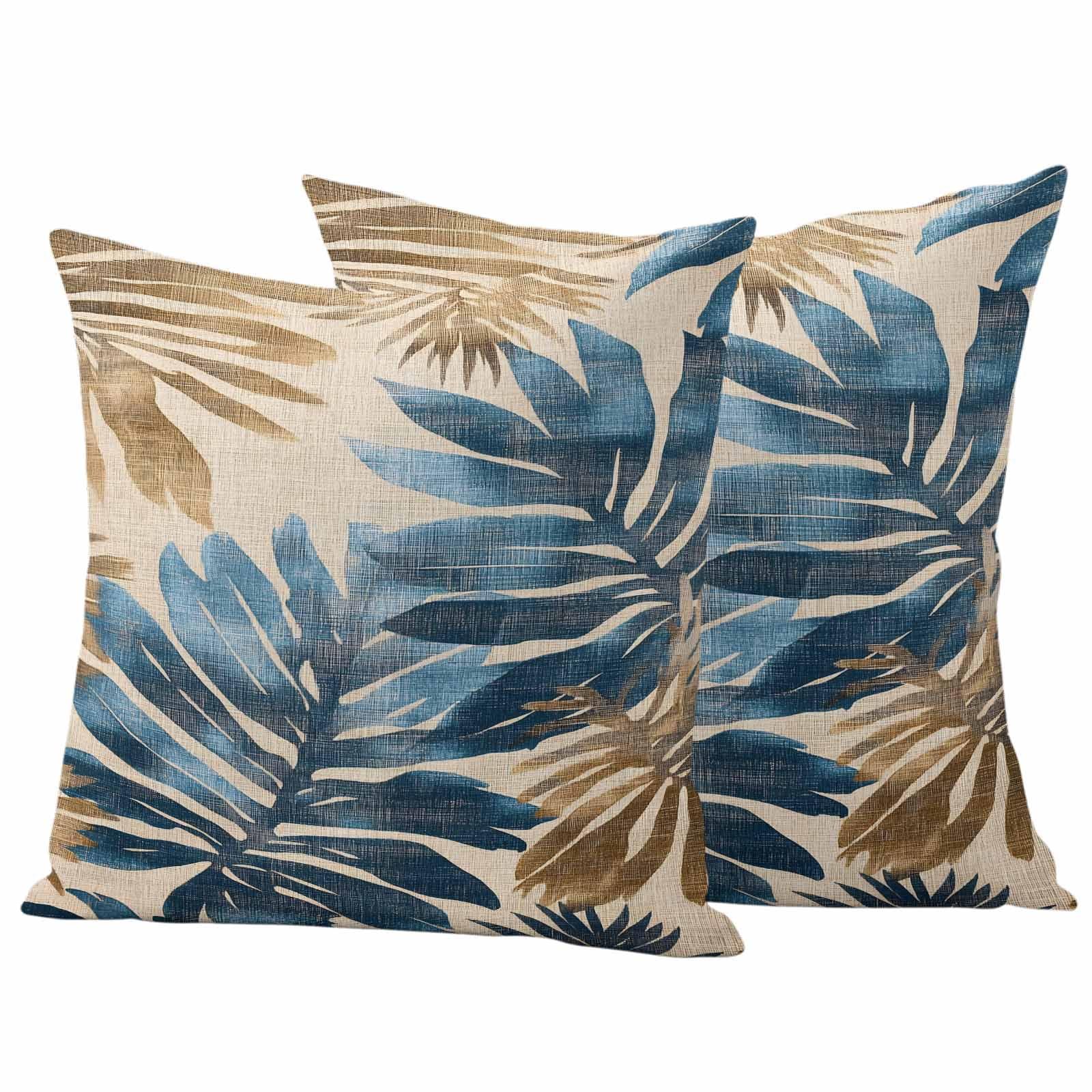 Pack of 2 Outdoor Pillow Covers 24x24 Inch Waterproof Blue Brown Palm Leaf Throw Pillow Covers,Decorative Couch Pillow Shams Protectors Retro Summer Botanical Patio Garden Pillowcases Cushion Covers