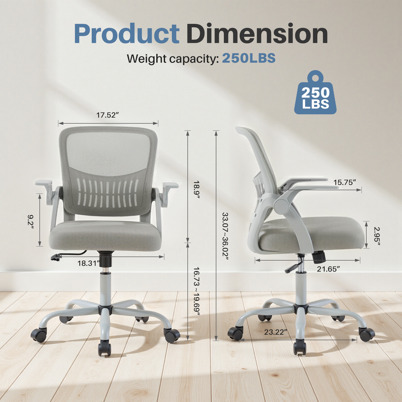 EDX Desk Chair with Ergonomic Lumbar Support, Flip-Up Armrests & Removable Footrest - 250lbs Capacity, Suitable for Home, Office, Bedroom, Gray