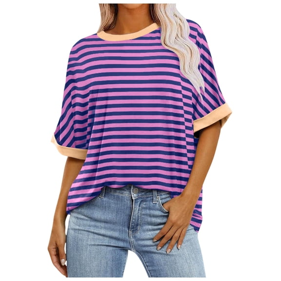 Yuanlong Women's Striped Tshirts Crew Neck Elbow-Length Sleeve Summer Loose Fit T Shirt Stylish Business Causal Tee Tops
