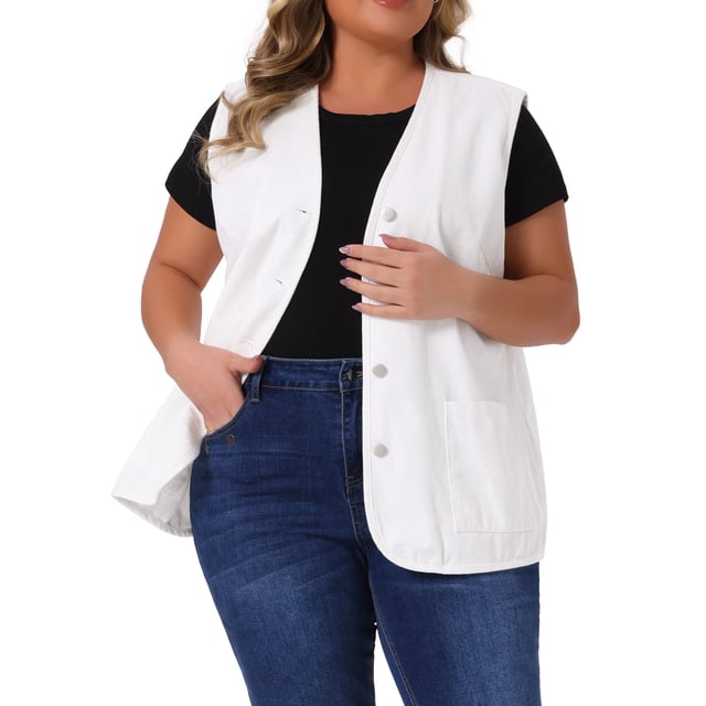 Chalecos de mezclilla sin mangas para mujeres GRACE & GRANDEUR Plus Size, con botones, escote en V, talla 3X, color blanco