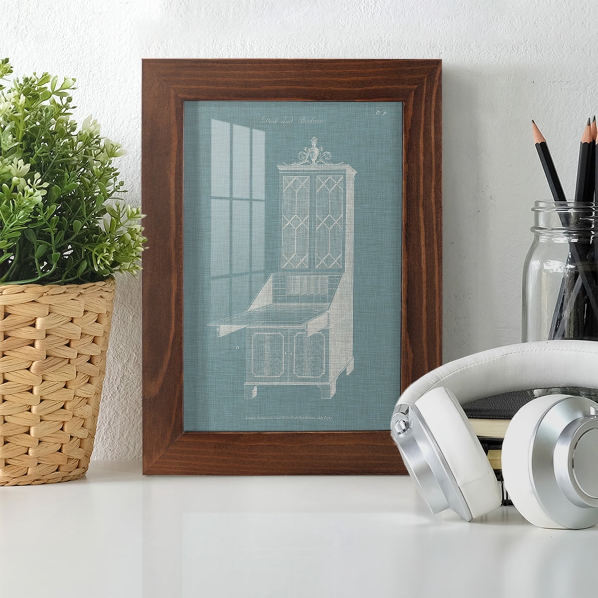 Hepplewhite Desk & Bookcase IV - Framed Print w/glass - Chestnut