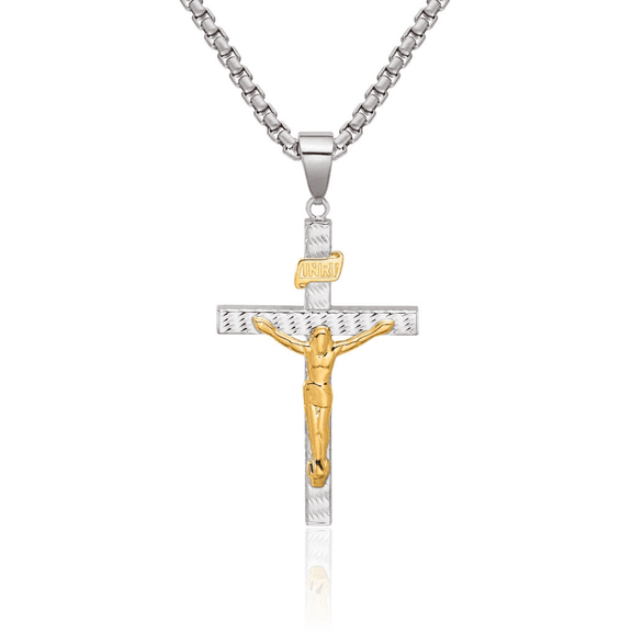 14K Solid Two Tone Gold White Lord Jesus Christ Crucifix Holy Cross Necklace Religious Chain Pendant Charm
