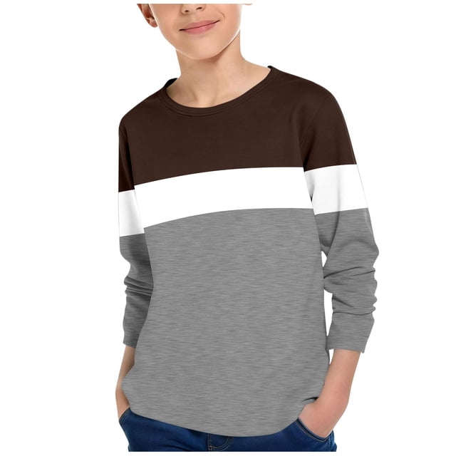 T-shirt Thermique de Base Brun Garçon Fille pour Détente Sortie pour Enfants Fille Garçon Hiver Automne à Manches Longues Col Ras du Cou à Blocs de Couleur Coupe Ample Hauts Chemises Enfant 2025 Vêtements 13 Ans