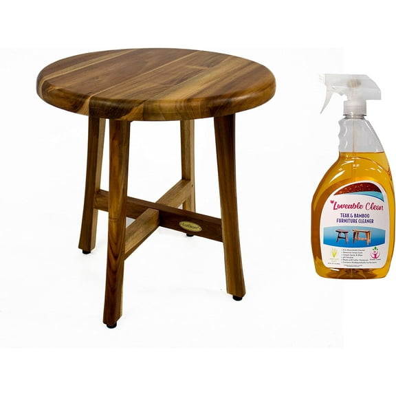 EcoDecors Shoji 18in Teak Wood Round Shower Seat or Side Table - with 32oz Loveable Teak Cleaner and Restorer