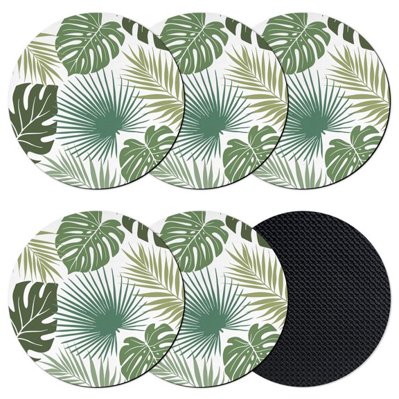 Dark Green Palm Leaves Coasters Set of 6, Absorbent Coasters for Drinks, Tropical Botanical Summer Coaster for Desk Coffee Table Protection, Home Decor House Warming Gifts 4"