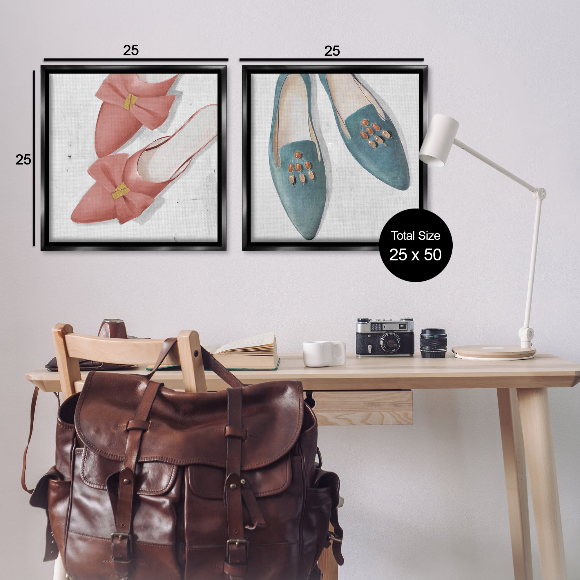 Stupell Industries Pink & Blue Fashion Flats Fashion Painting Black Floater Framed Canvas Art Print Wall Art, 25 x 25, Set of 2