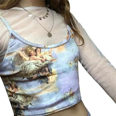 Fancyleo Women Sexy Angel Love Cupid Print Crop Tops Summer Streetwear Camisole Tops Vest