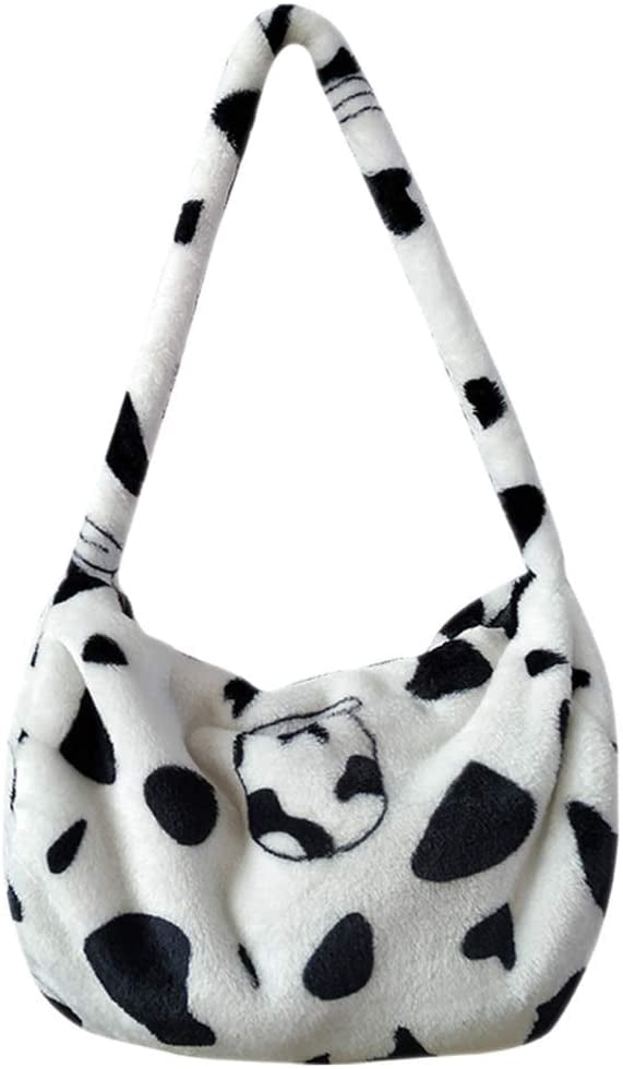 fluffy cow print shoulder bag