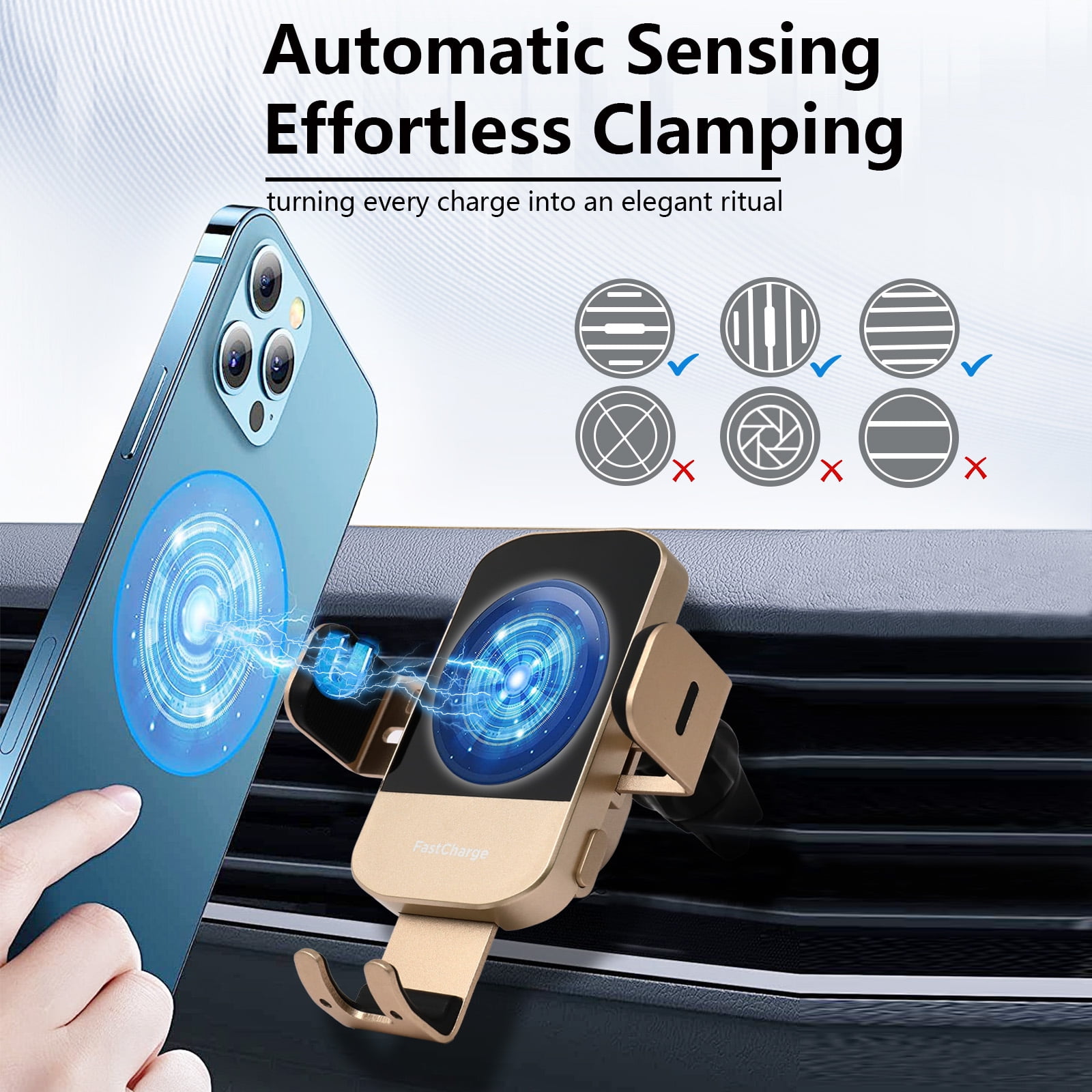 Wireless Car Charger, 15W Fast Charging Auto Clamping Phone Holders for Your Car Phone Mount for Car fit for iPhone 17 16 15 14 13 12 Pro Max 11 XR XS, Samsung Galaxy S25 Ultra S24 S23, Gold