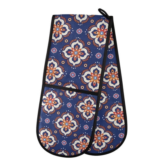 Dailycode Double Sided Oven Mitt with Loop Heat Resistant Kitchen Long Potholders 7" x 35" Folk Art Arabesque