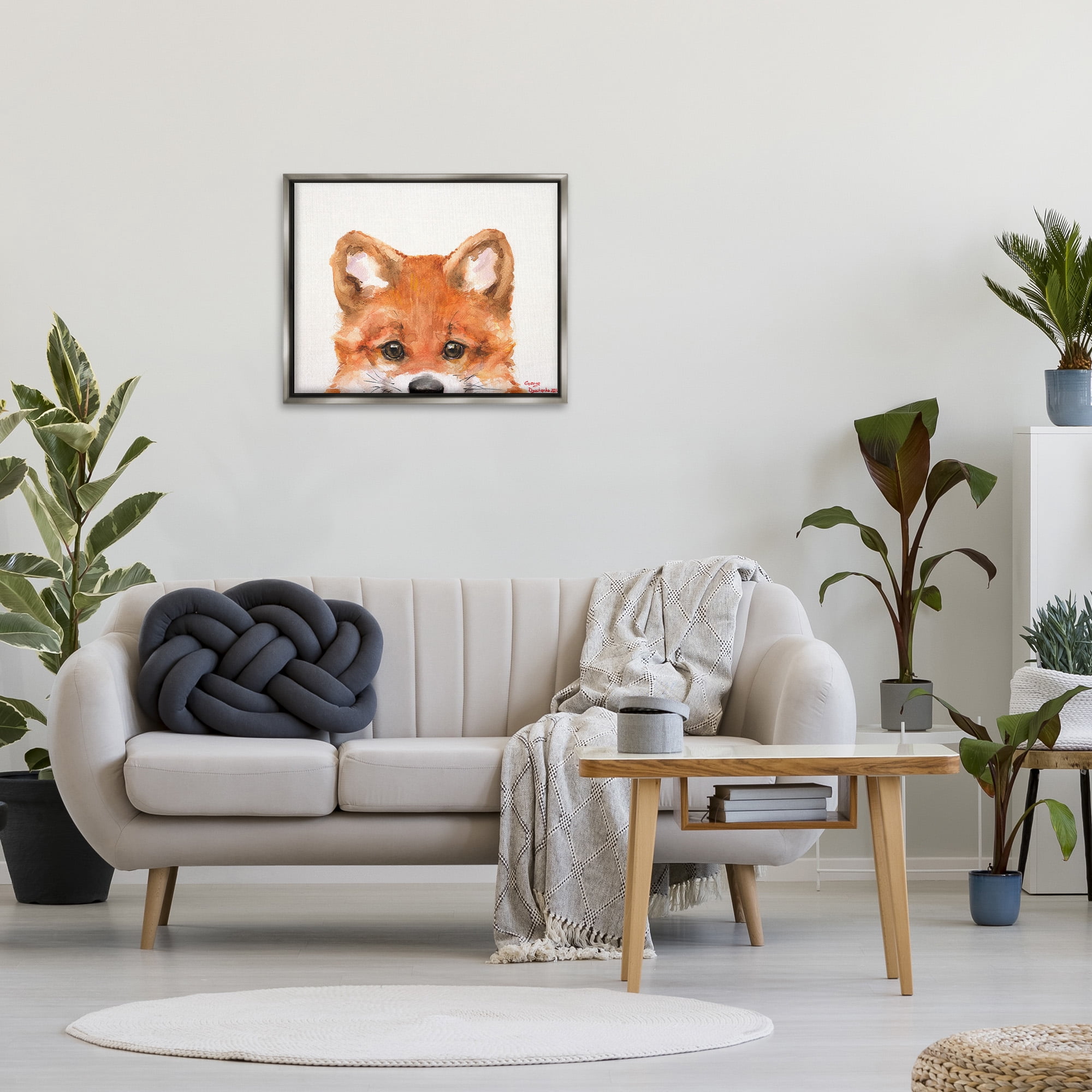 Stupell Industries Fox Cub Peeking Animals & Insects Painting Gray Floater Framed Canvas Art Print Wall Art, 31 x 25