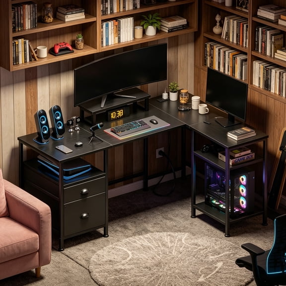 L Shaped Gaming Desk with Power Outlet, Corner Computer Desk for Home Office, Reversible 50 Inch Work Study Table with File Drawer, Monitor Stand, Storage Shelves, Black