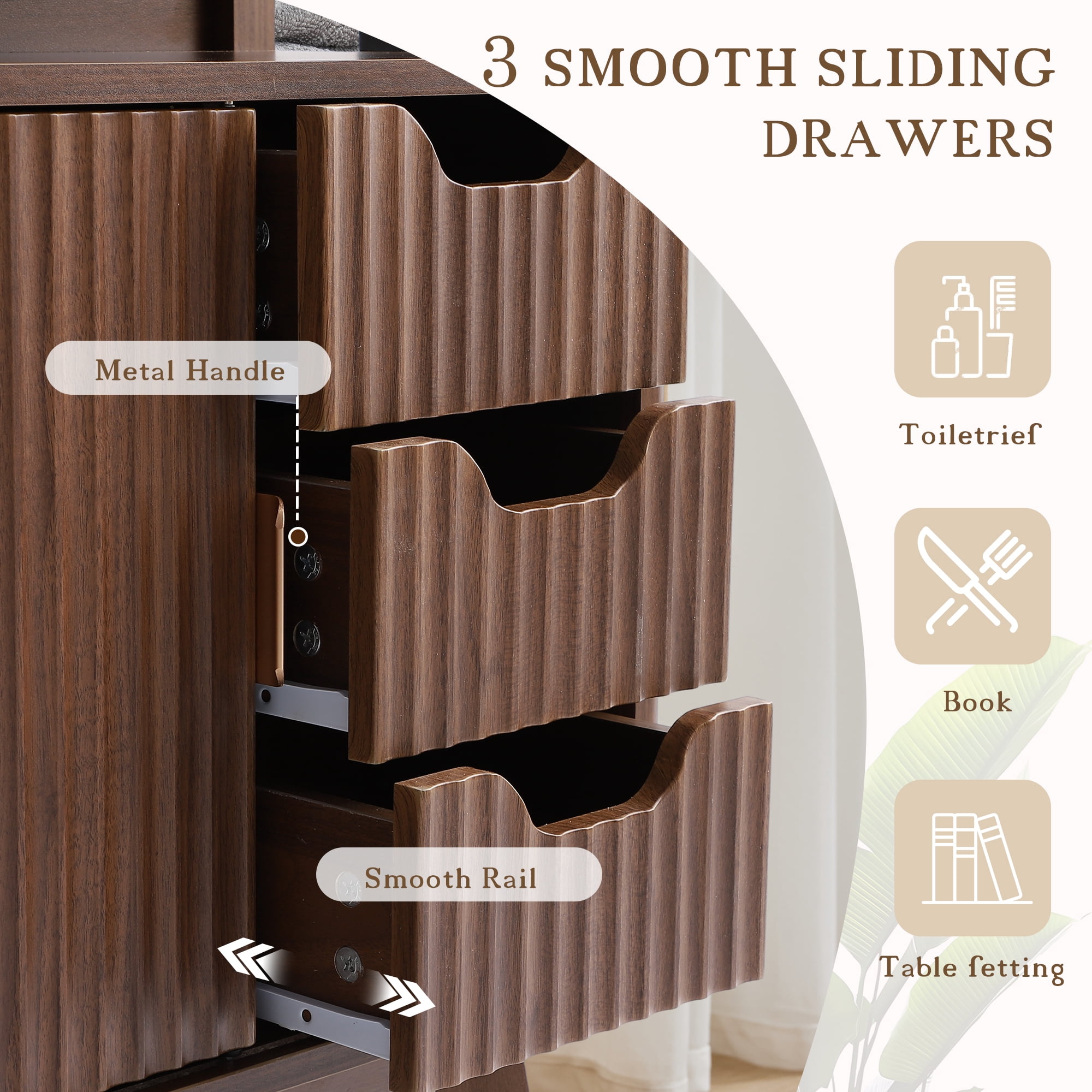 Magic Union Bathroom Storage Cabinet with Fluted Sliding Door, 3 Drawers Bathroom Floor Cabinet, Freestanding Storage Organizer w/Adjustable Shelf, Faux Marble Top, Curved Profile Design Natural Oak