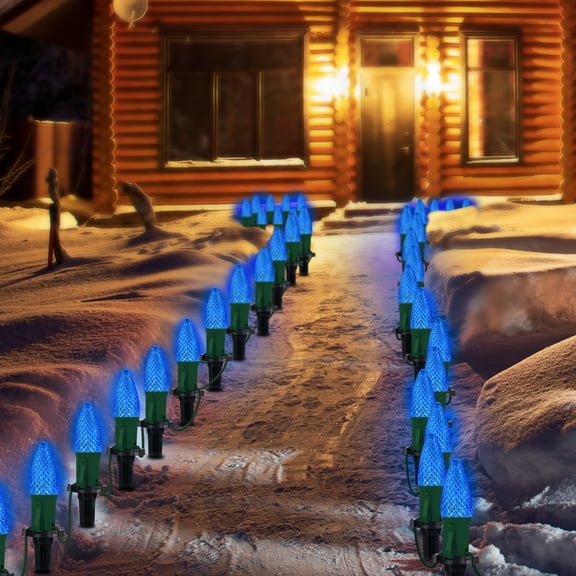 LAMPHOME Blue C9 Christmas Pathway Lights Outdoor, 25.7Ft 20 Bulbs Waterproof Walkway Lights with Stakes, Connectable Yard Decor for Driveway Sidewalk Garden Holiday