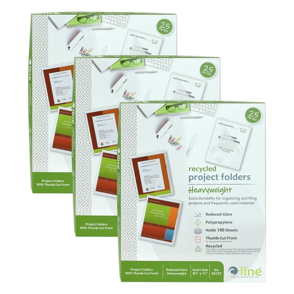 C-Line Recycled Poly Project Folders, Clear, Reduced Glare, 11" x 8-1/2", 25 Per Box, 3 Boxes