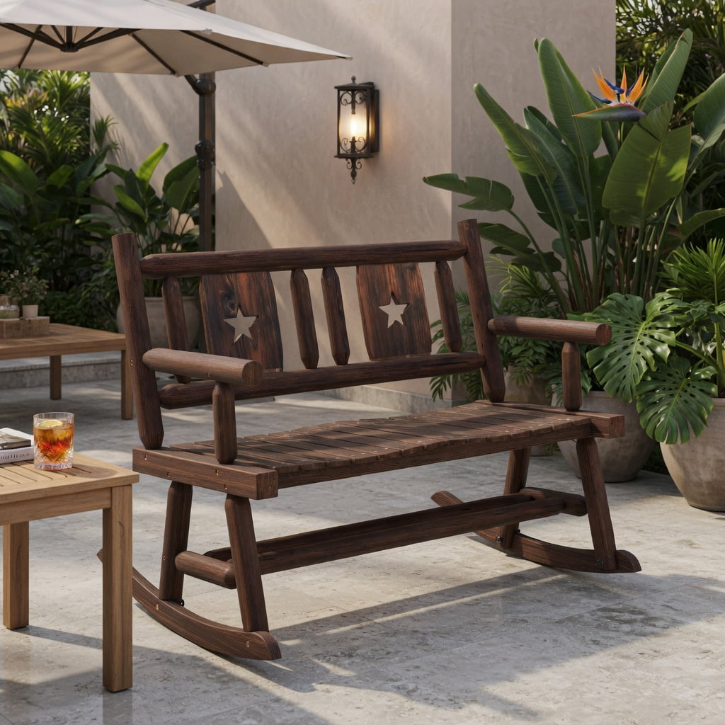 Hommoo 2-Person Wooden Rocking Bench for Patio, Backyard & Porch, Ergonomic Double Rocker Loveseat with Carbonized Pine & Fir Frame, Rustic Brown