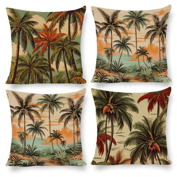 16"x16" Pillowcases Vintage Tropical Palm Tree Decorations Pillow Covers Exotic Beach Style Pillow Case Protector Couch Pillows for Iiving Room Set of 4