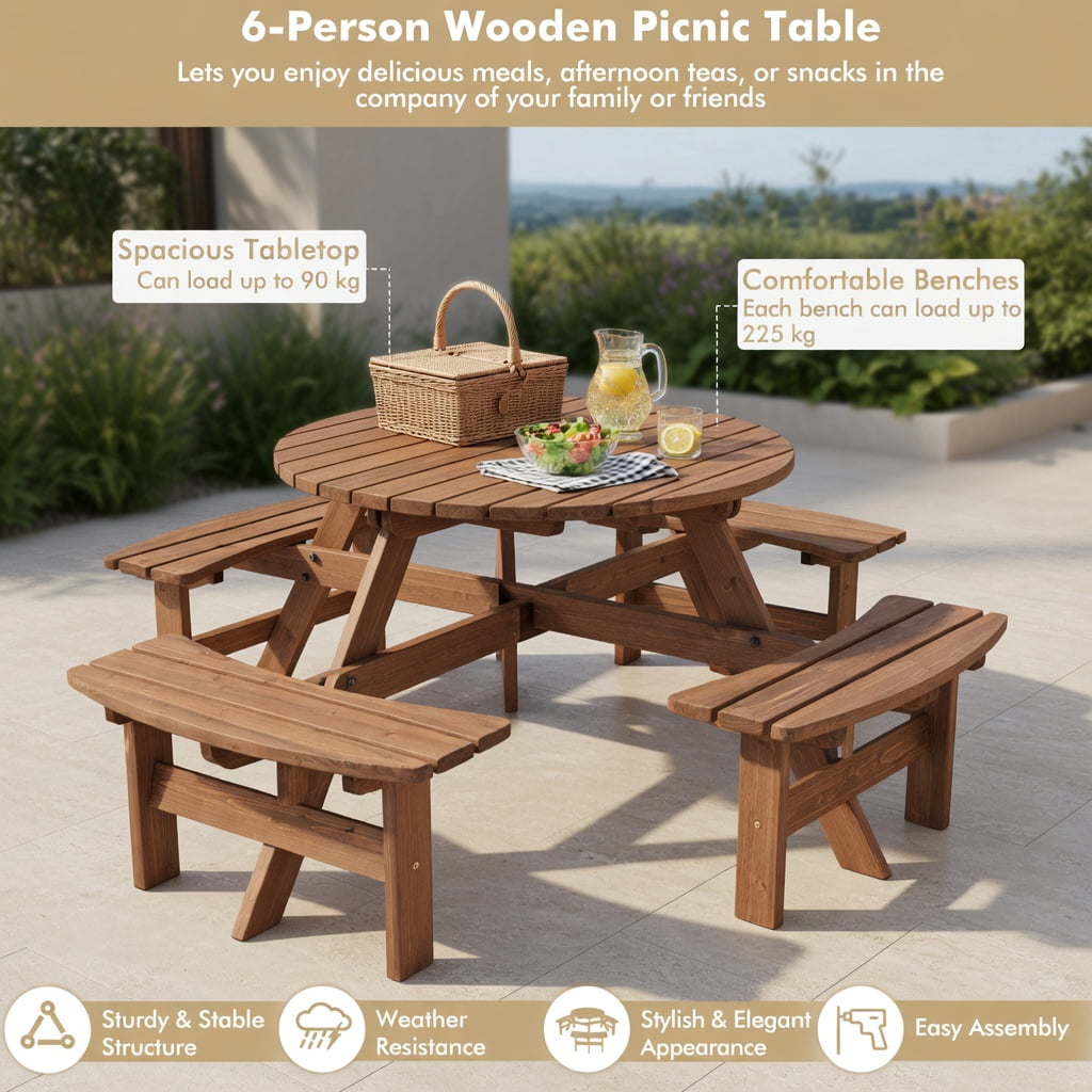 Hommoo 6-Person Wooden Picnic Table Set with Benches & Center Umbrella Hole, Fir Wood Outdoor Dining Set for Patio, Lawn, Deck, Dark Brown