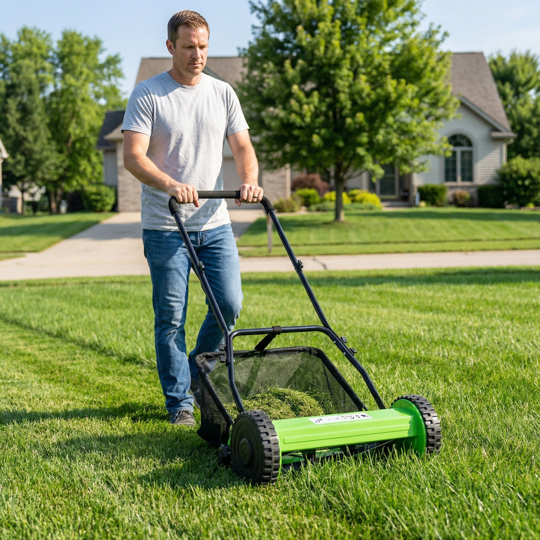 5-Blade Manual Push Reel Lawn Mower, 8-Inch Polymer Wheels with 16" Cutting Width and Adjustable 0.6"-1.8" Blade Height, Eco-Friendly Reel Mower & Grass Cutter with Grass Catcher for Yard, Garden
